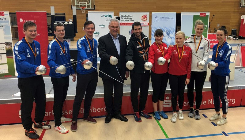 Samstag, 16. M�rz 2019; Bayerns Innen- und Sportminister Joachim Herrmann w�rdigt bei den Deutschen Meisterschaften 2019 im Damen- und Herrens�bel herausragende Arbeit des Fechterrings N�rnberg: 